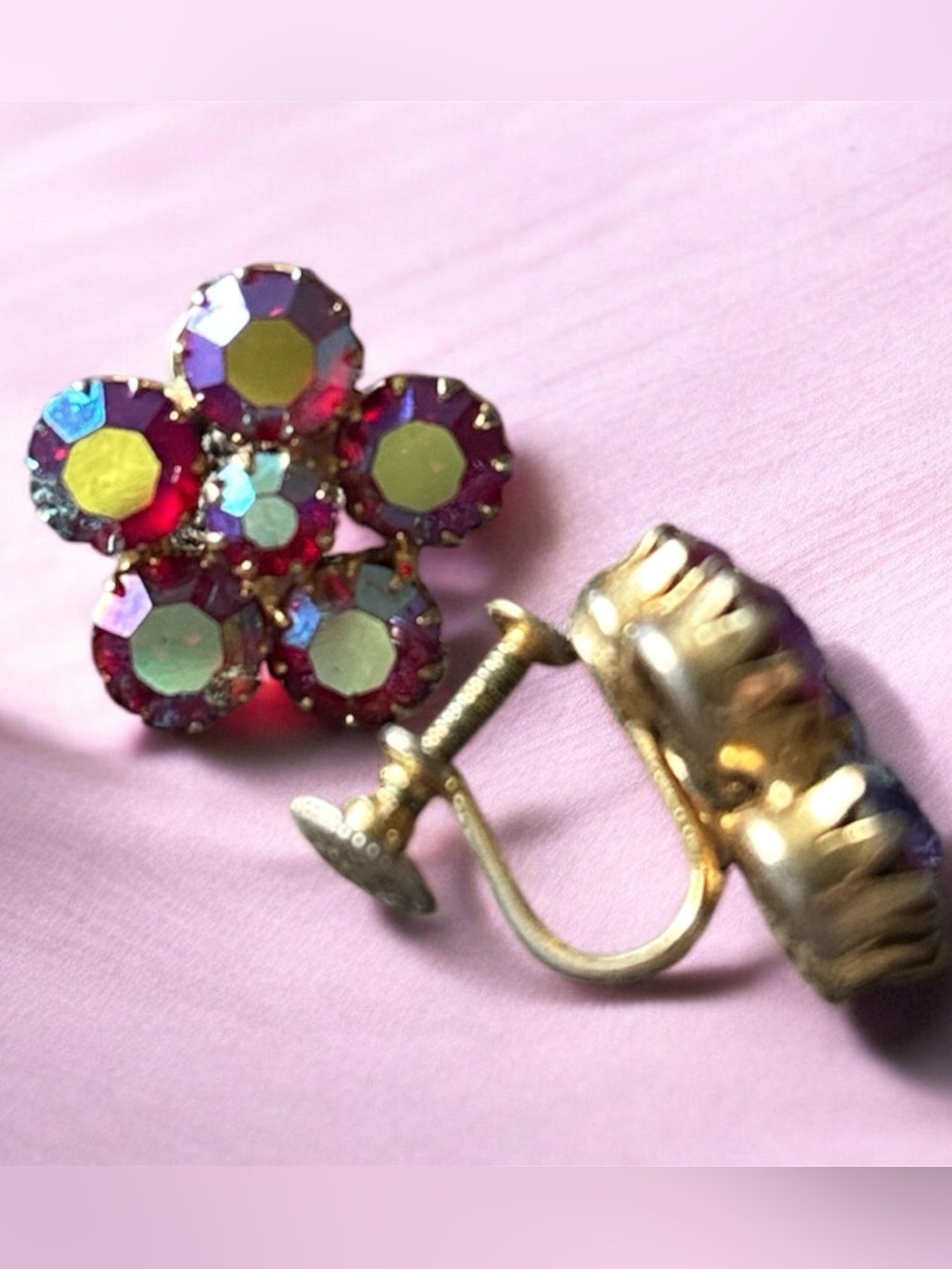 Gold-Tone Pink Aurora Crystal Flower Clip-On Earrings